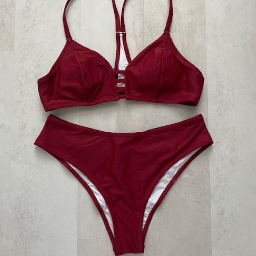 NWT CUPSHE Red Wine Strappy Cheeky 2pc Bikini Swimsuit Medium - Picture 4 of 13